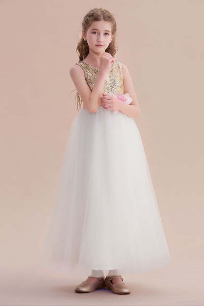 Chicloth A-Line Sequins Tulle High-waisted Flower Girl Dress On Sale