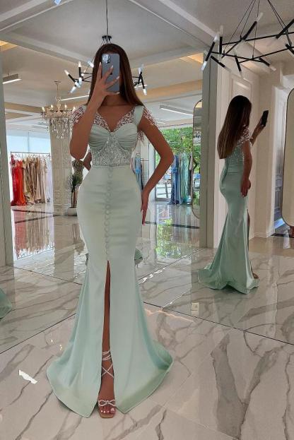 Chicloth Mint Green Mermaid Prom Dress Slit Front With Beads Buttons