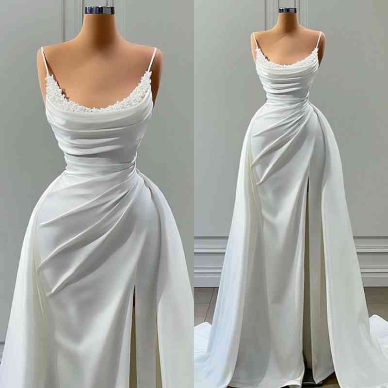Chicloth Spaghetti-Straps Mermaid Prom Dress White Long With Slit Beads