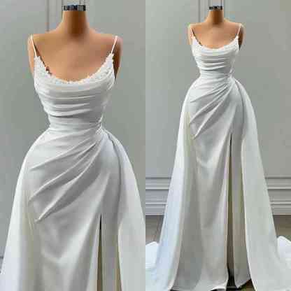 Chicloth Spaghetti-Straps Mermaid Prom Dress White Long With Slit Beads