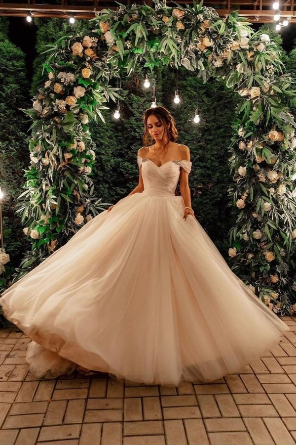 Elegant A-Line Off-Shoulder Heart-Neck Wedding Dress