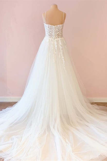Chicloth Spaghetti-Straps V-Neck Tulle Wedding Dress With Lace Appliques