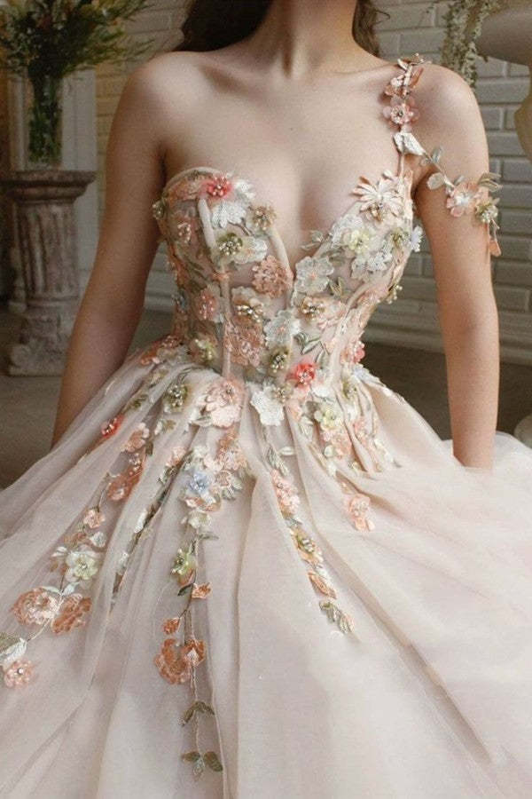 Chicloth Fairy Flowers Applique Prom Dress Champagne Tulle With Slit