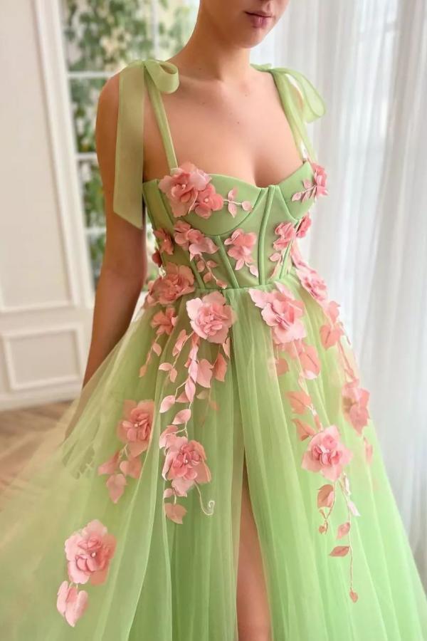 Chicloth Sage Green Tulle Prom Dress Sleeveless With Flowers