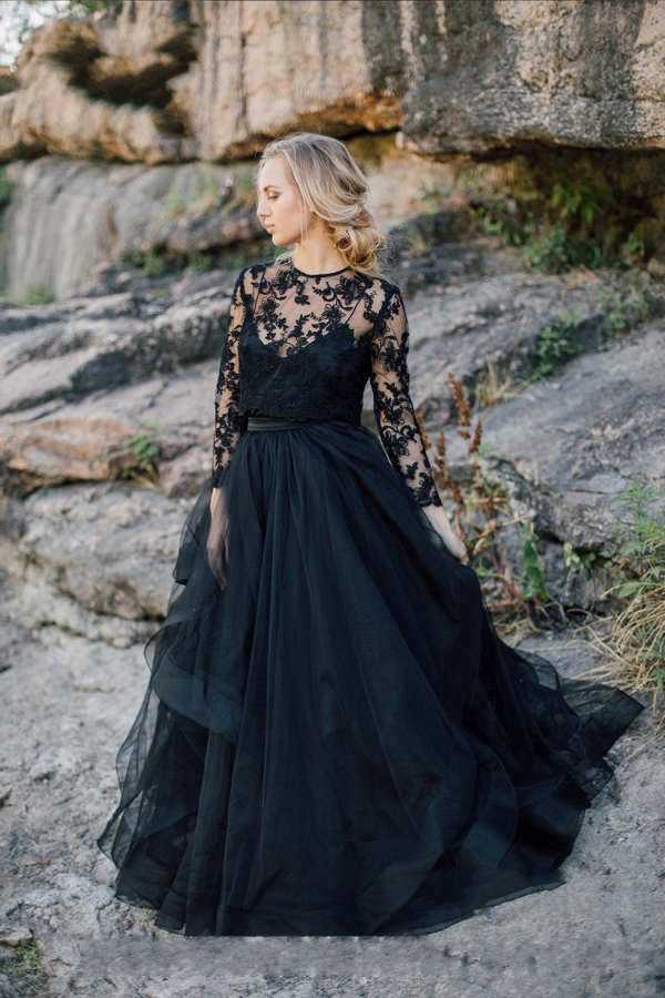 Long Sleeves Black Tulle Wedding Dress Floral Lace Aline Formal Dress