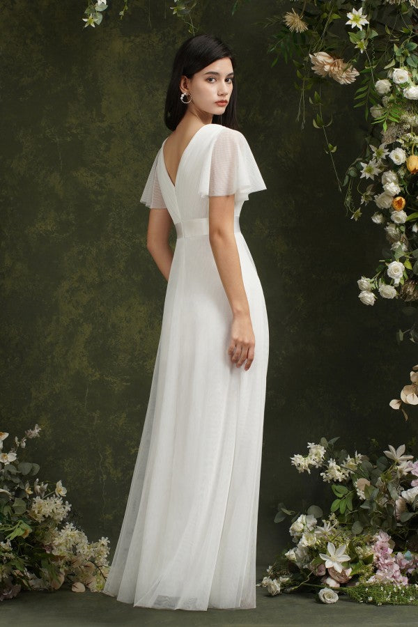 Chicloth Short Sleeves White Birdesmaid Dress Long Chiffon V-Neck