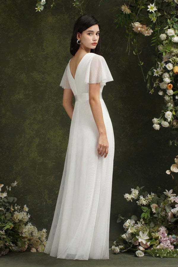 Chicloth Short Sleeves White Birdesmaid Dress Long Chiffon V-Neck