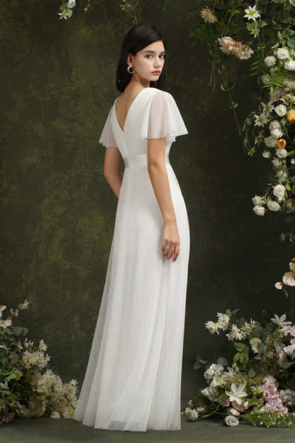 Chicloth Short Sleeves White Birdesmaid Dress Long Chiffon V-Neck