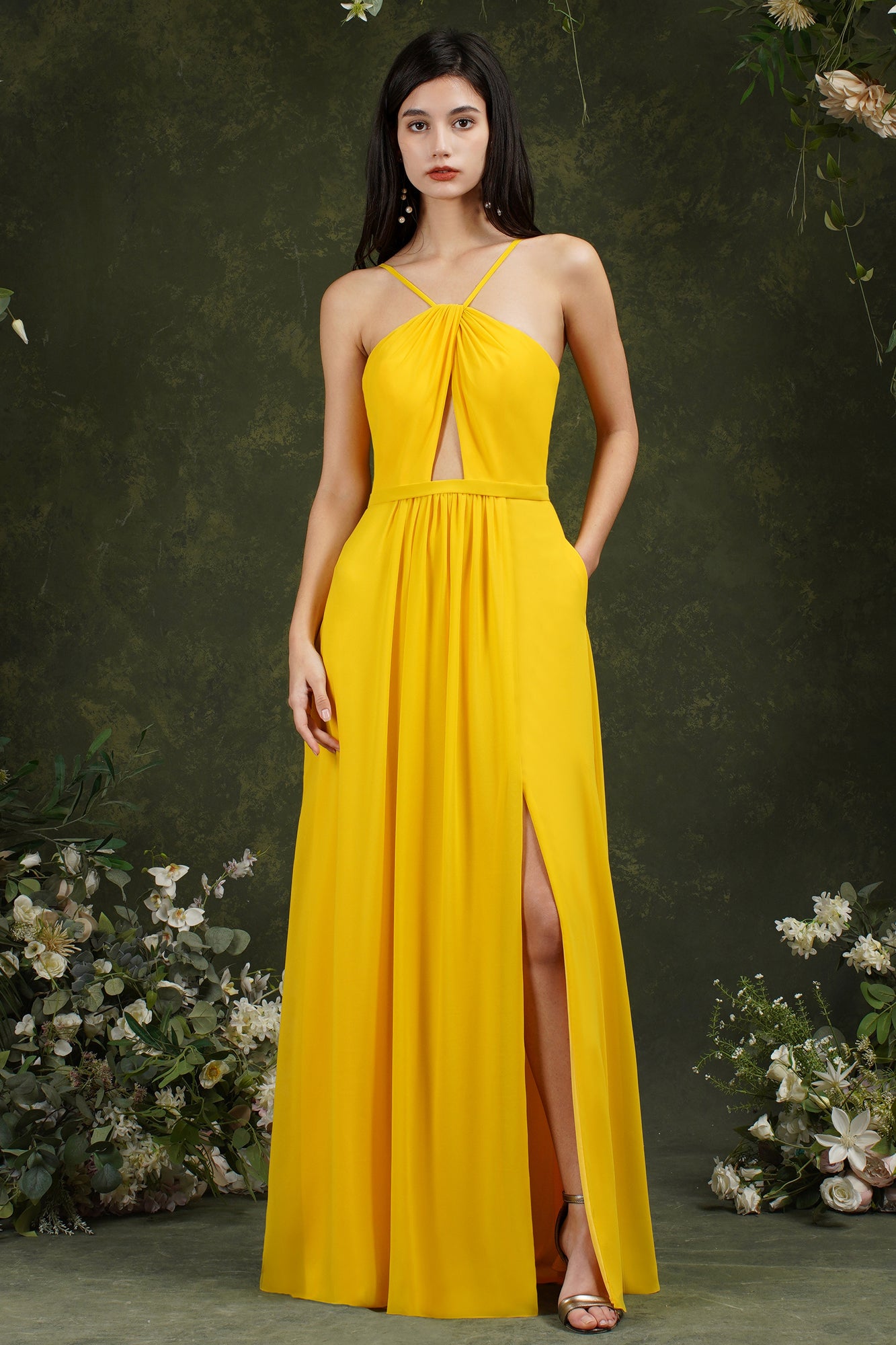 Chicloth Halter Bridesmaid Dress Long Side Slit