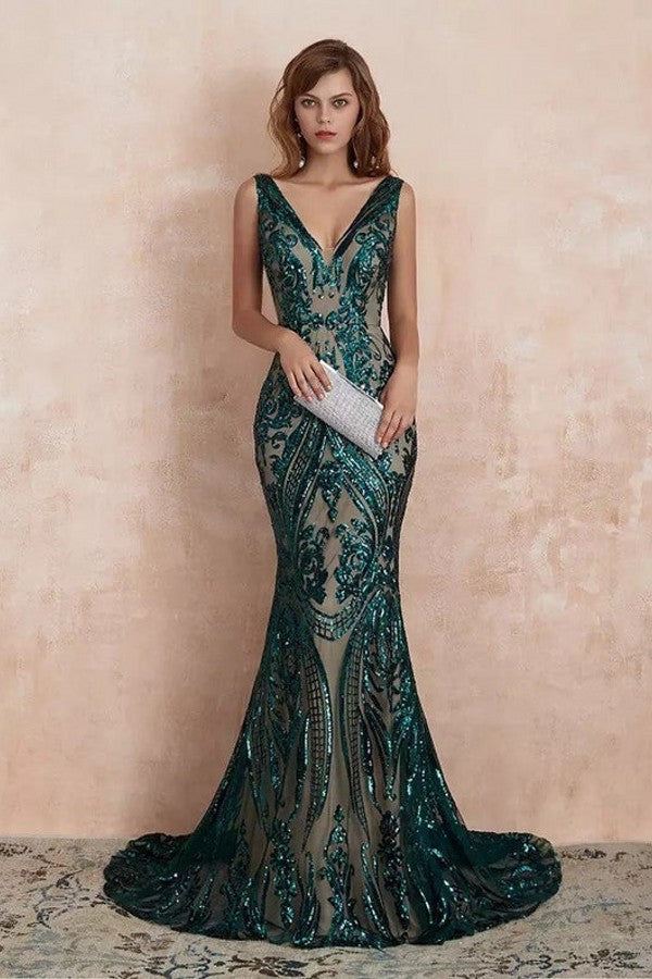 Chicloth Glamorous Green Sequins Mermaid Evening Gowns Long V-Neck Prom Dress On Sale