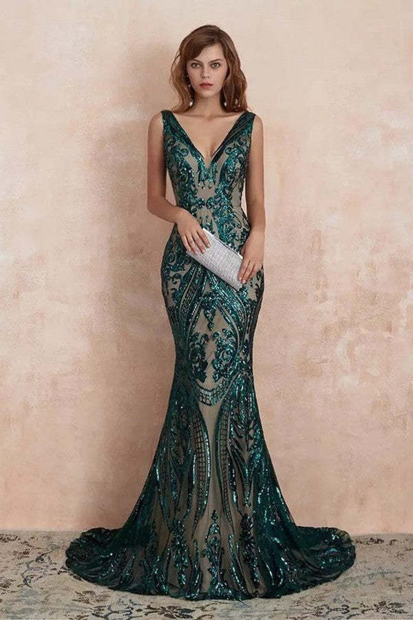 Chicloth Glamorous Green Sequins Mermaid Evening Gowns Long V-Neck Prom Dress On Sale
