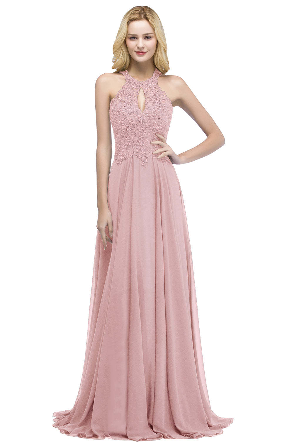 Chicloth A-line Keyhole Neckline Halter Long Beading Prom Dress