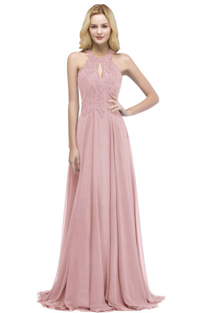 Chicloth A-line Keyhole Neckline Halter Long Beading Prom Dress
