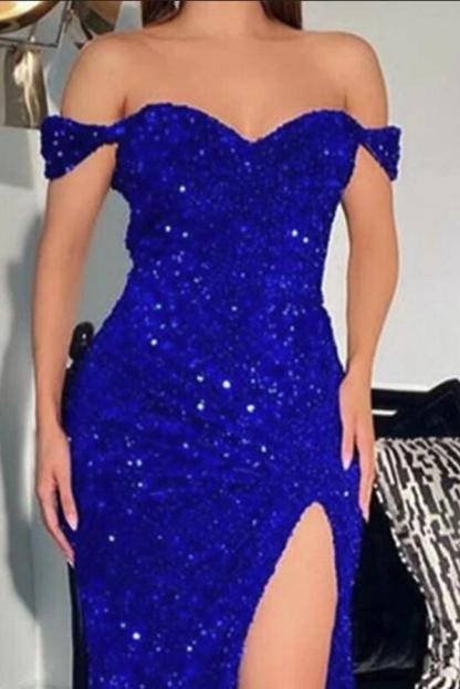Chicloth Off-the-Shoulder Burgundy Prom Dresses Sequins Long Slit