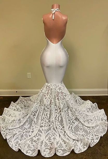 Sparkle White V-Neck Mermaid Fit and Flare Prom Dress