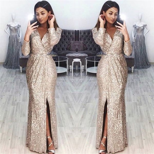 Chicloth Long Sleeves Sequins Prom Dress Long With Split