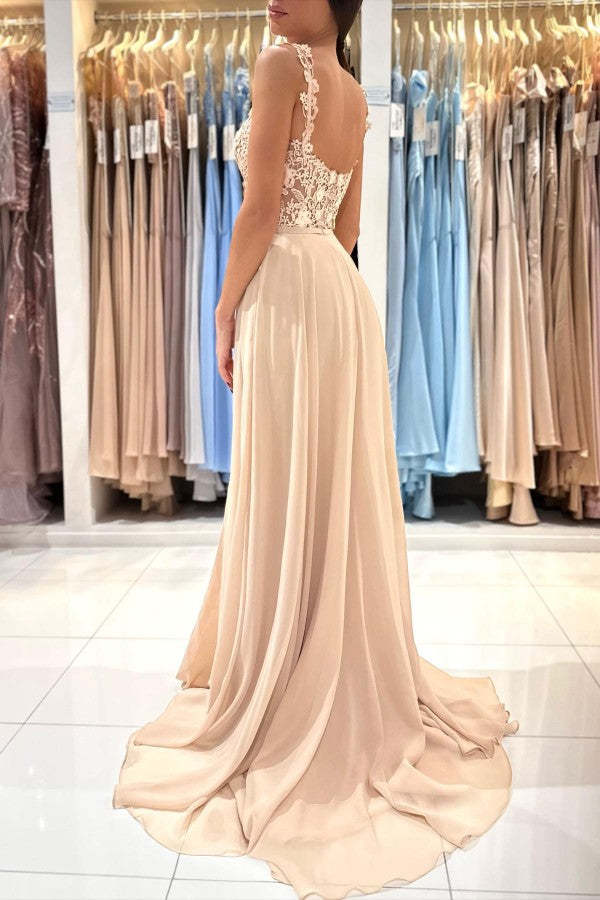 Chicloth Straps Square Prom Dress Champagne Slit With Appliques