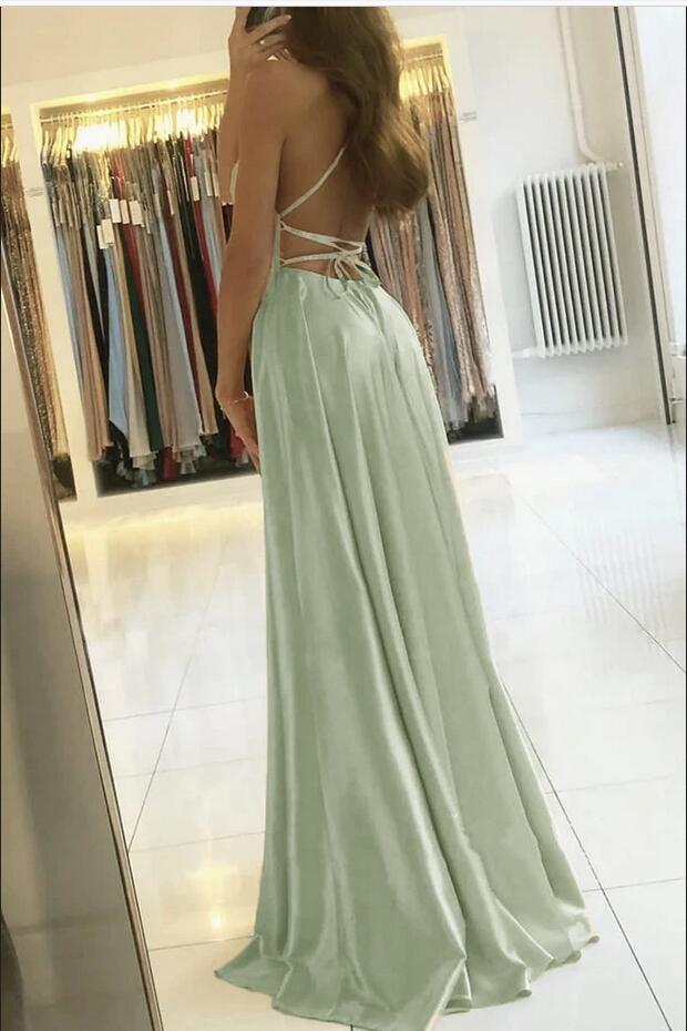 Chicloth Spaghetti-Straps Dusty Sage Prom Dress Long Split