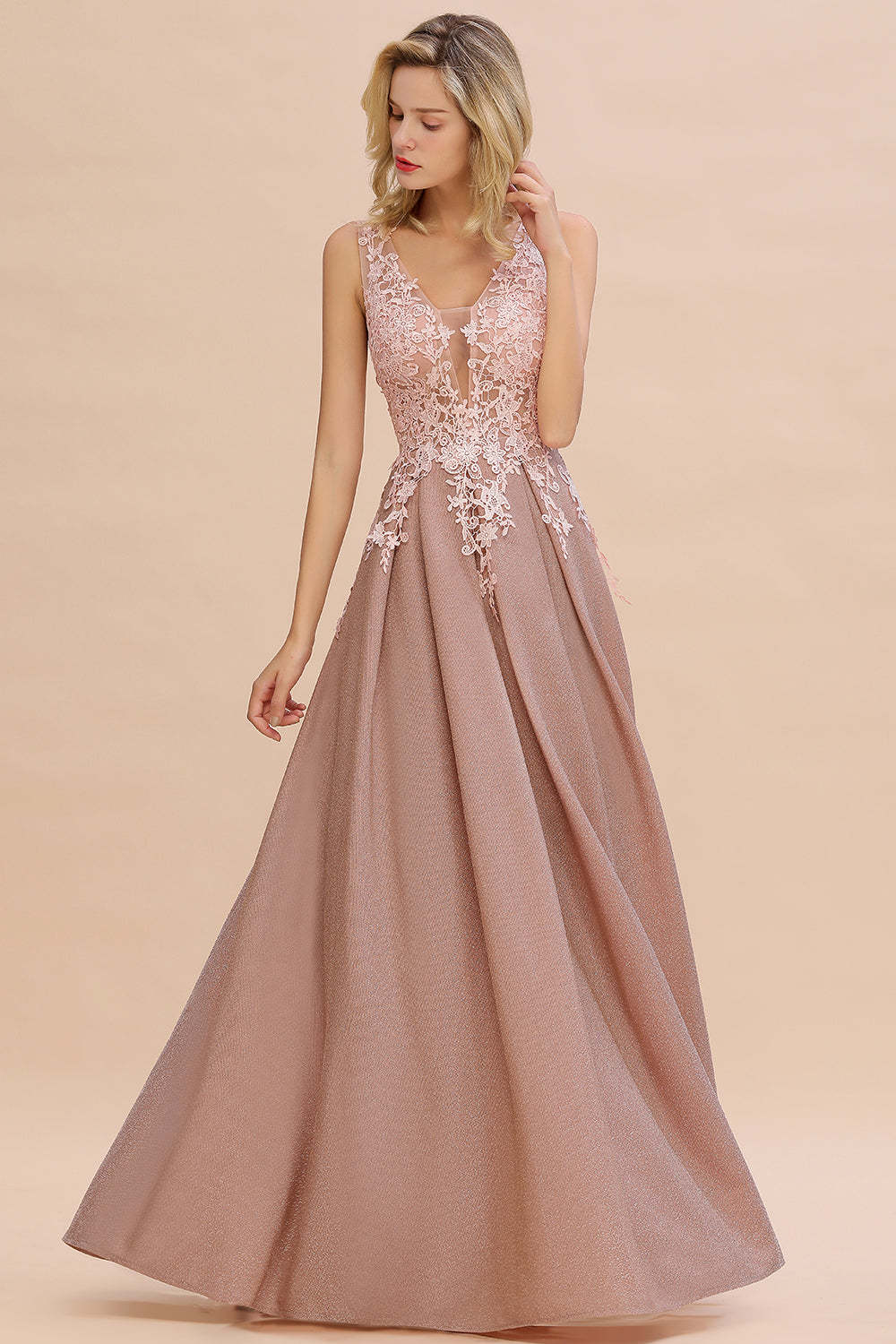 Chicloth Dusty Pink V-Neck Long Prom Dress With Lace Appliques Online