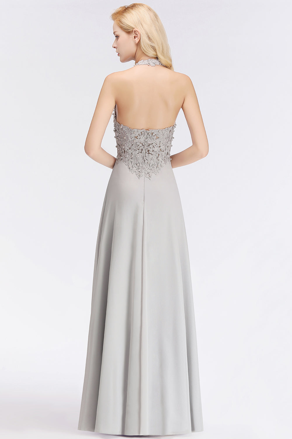 Chicloth A-line Halter Chiffon Lace Bridesmaid Dress with Beadings
