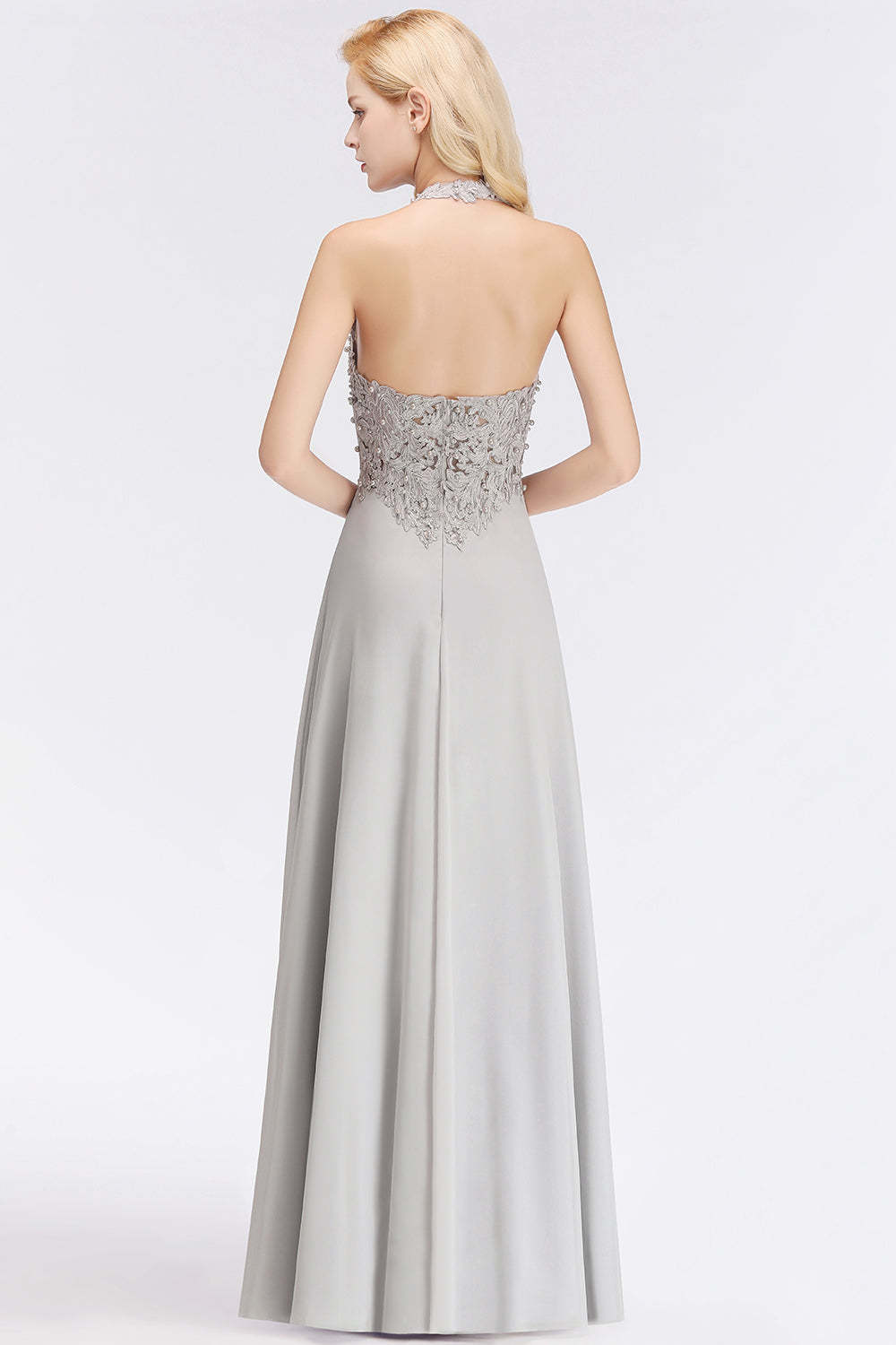Chicloth A-line Halter Chiffon Lace Bridesmaid Dress with Beadings