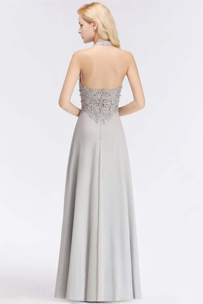 Chicloth A-line Halter Chiffon Lace Bridesmaid Dress with Beadings