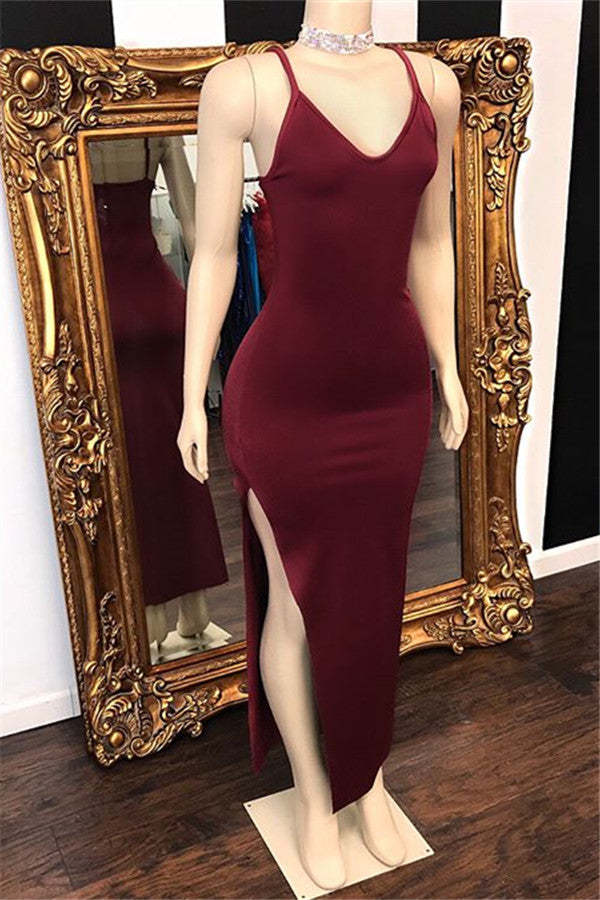 Chicloth Burgundy Spaghetti-Straps Mermaid Prom Dress Side Slit