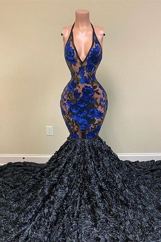 Halter V-Neck Navy Blue Mermaid Floral Prom Dress