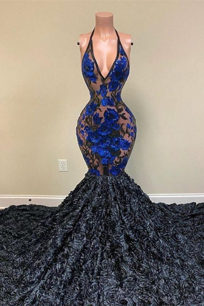 Halter V-Neck Navy Blue Mermaid Floral Prom Dress