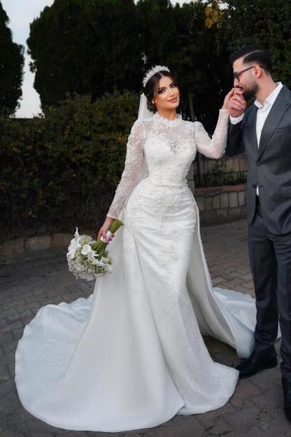 Chicloth Long Sleeves Overskirt Wedding Dress Mermaid High Neck Lace