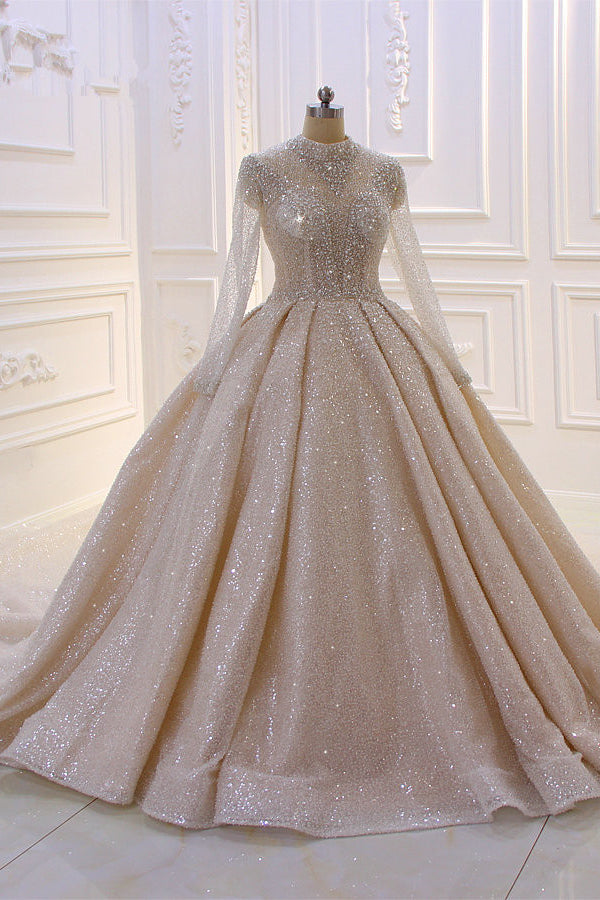 Chicloth Glamorous Ball Gown High Neck Wedding Dress Long Sleeves Sparkly Sequined Beading Bridal Gowns On Sale