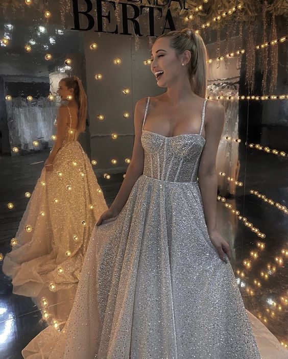 Exquisite Sequined Floor Length Spaghetti Straps Sleeveless A Line with Court Train