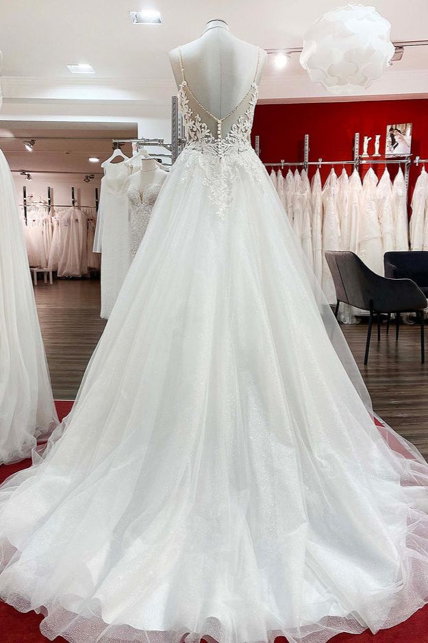 Chicloth Spaghetti Straps Tulle V Neck Ruffles Backless Wedding Dresses