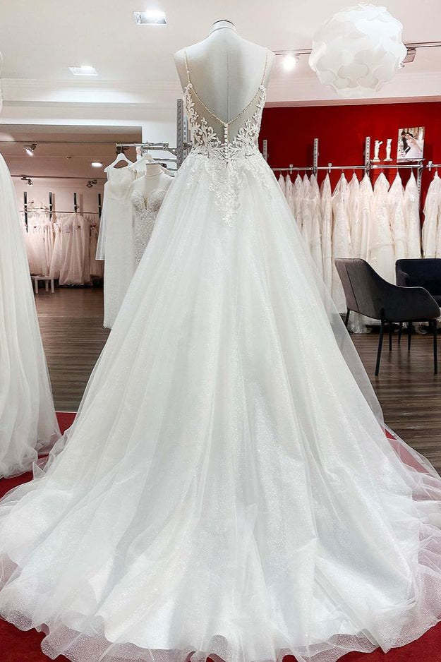 Chicloth Spaghetti Straps Tulle V Neck Ruffles Backless Wedding Dresses