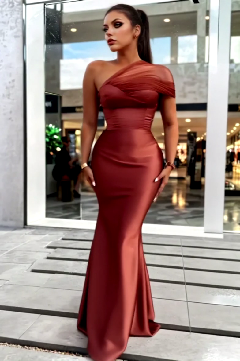 One-Shoulder Trumpet/Mermaid Ruched Satin Tulle Bridesmaid Dresses