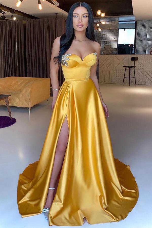 Chicloth Yellow Sweetheart Prom Dresses Long Slit With Crystal
