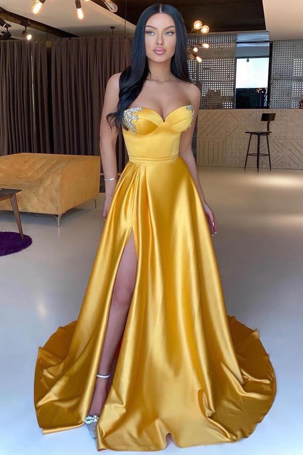 Chicloth Yellow Sweetheart Prom Dresses Long Slit With Crystal