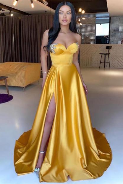 Chicloth Yellow Sweetheart Prom Dresses Long Slit With Crystal