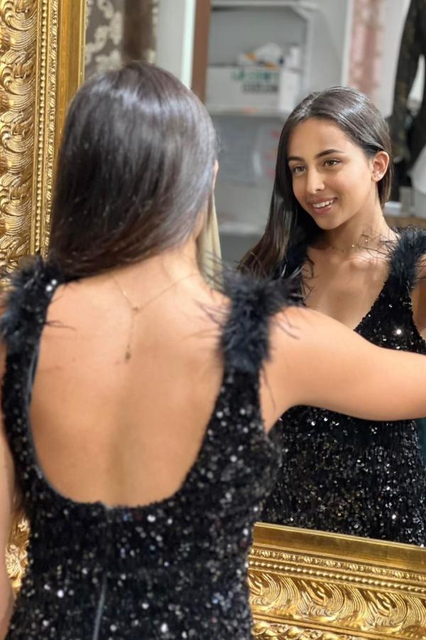Chicloth Black Sequins Prom Dress Mermaid Slit With Feather