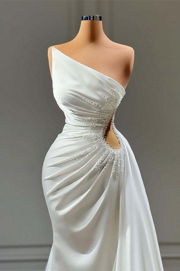 Chicloth One Shoulder White Prom Dress Mermaid Sleeveless With Ruffle