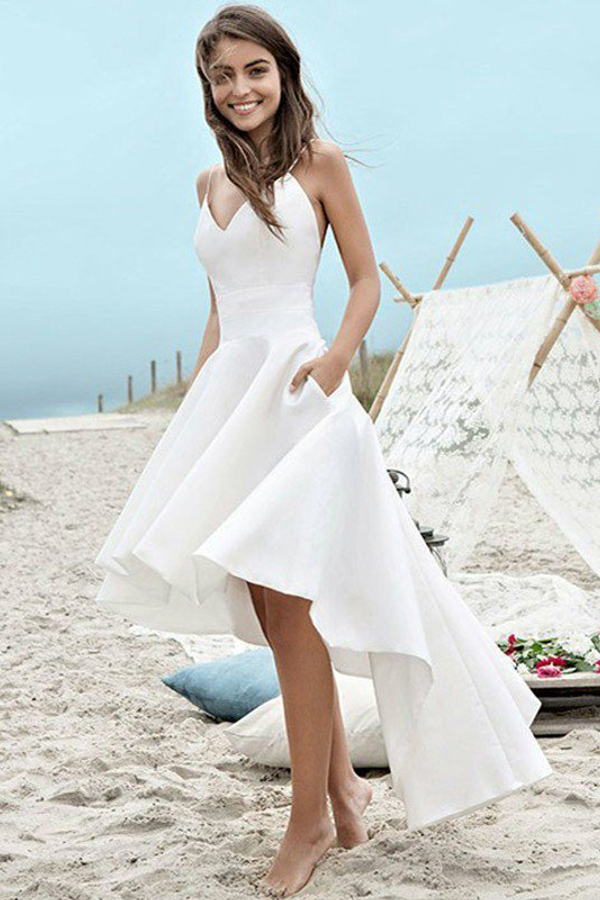 Sleeveless A-Line Asymmetrical Satin Spaghetti Strap Ruched Wedding Dress
