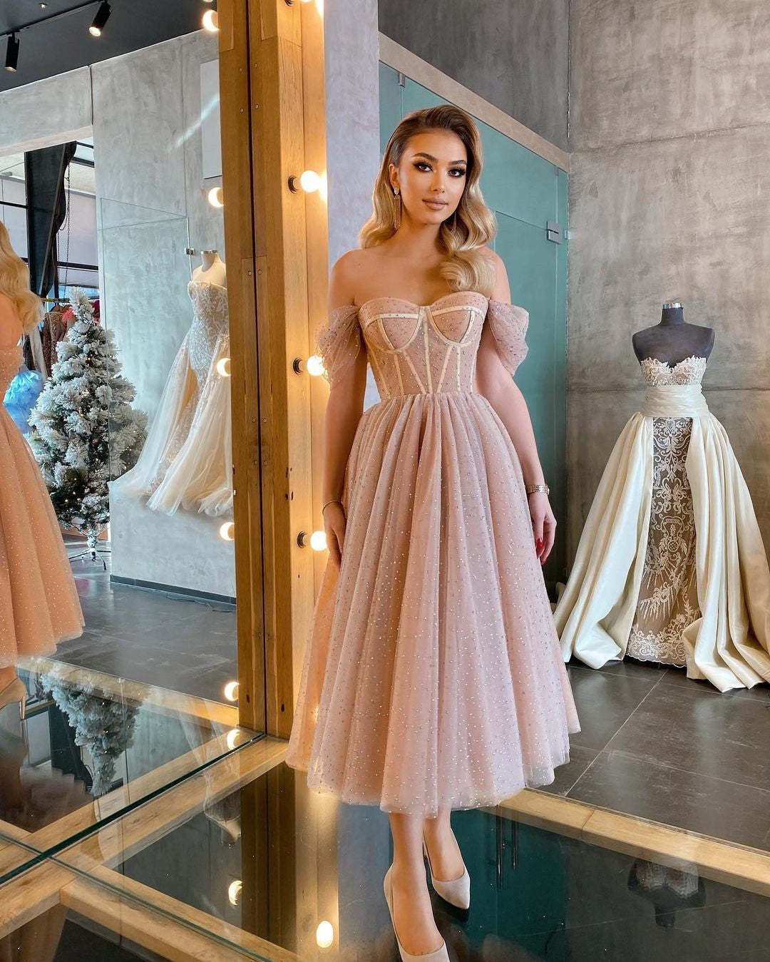 Cheap Off-the-Shoulder Sequins Tulle Short Prom Dress