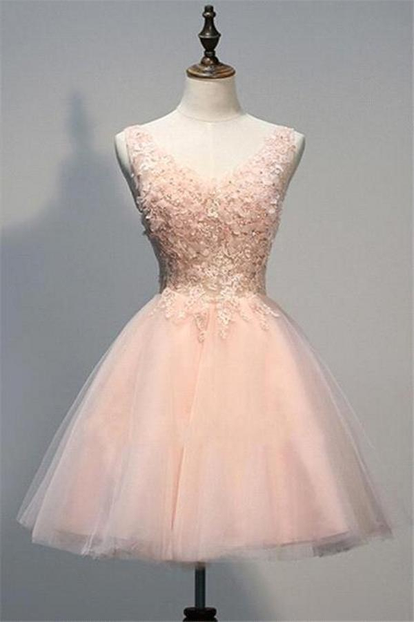 Pink Lace Short Prom Dress | Evening Dress with Appliqués A-Line Tulle