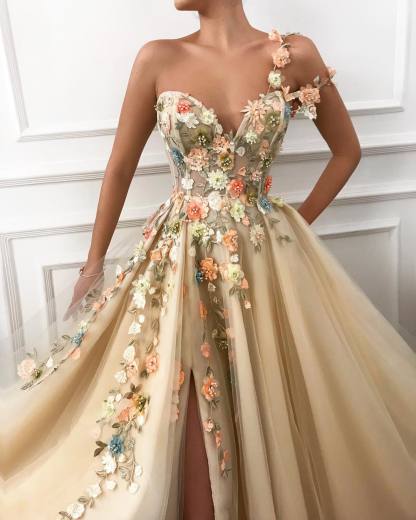 Chicloth One Shoulder Long Prom Dress Split With Flowers