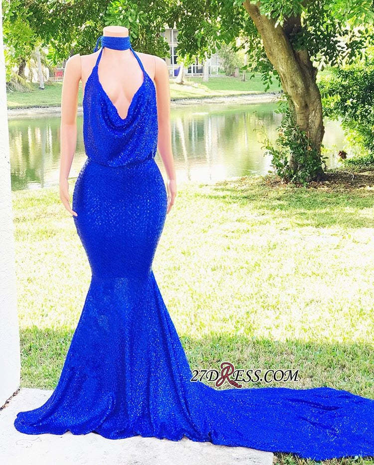 Chicloth Royal Blue V-Neck Mermaid Prom Dress Sequins Sleeveless Evening Gown