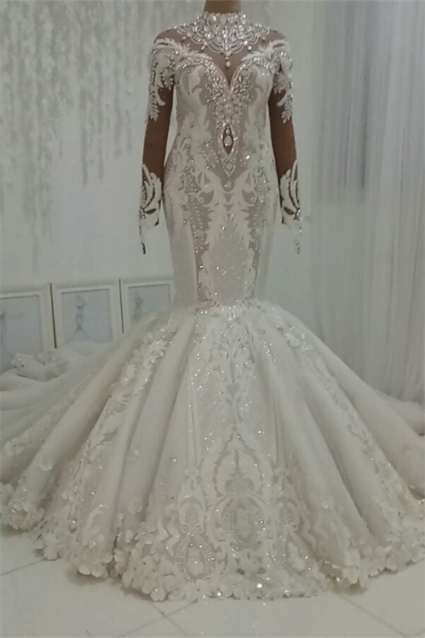 Chicloth Modest Highneck Longsleeves Lace Wedding Dresses White Mermaid Bridal Gowns With Appliques On Sale