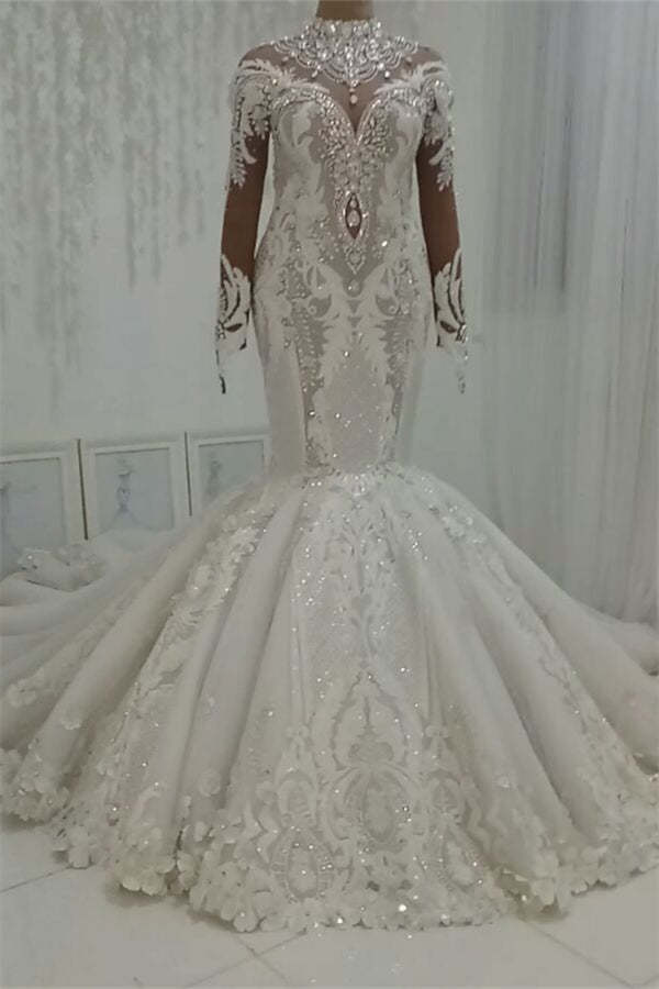 Chicloth Modest Highneck Longsleeves Lace Wedding Dresses White Mermaid Bridal Gowns With Appliques On Sale