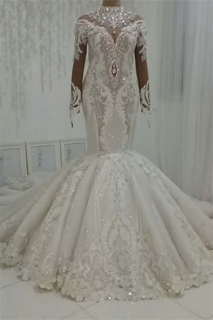 Chicloth Modest Highneck Longsleeves Lace Wedding Dresses White Mermaid Bridal Gowns With Appliques On Sale