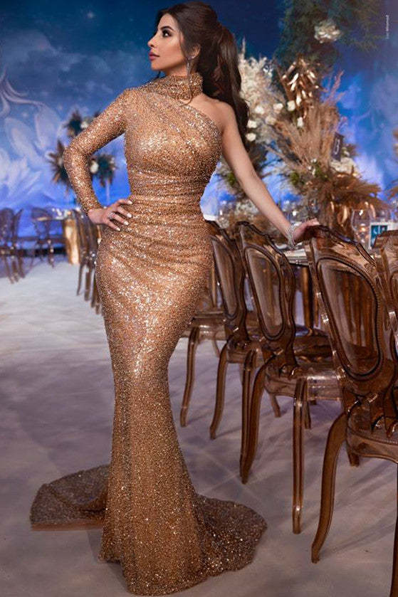 Chicloth Long Sleeves Sequins Prom Dress Mermaid Long High Neck