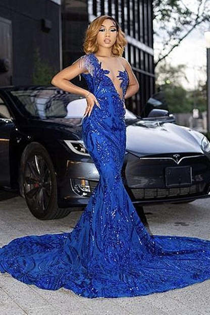 Chicloth Royal Blue Prom Dress Mermaid Sequins Sleeveless